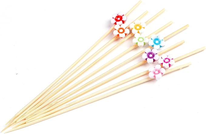 PuTwo Cocktail Picks Handmade Bamboo Toothpicks 100pcs 4.7” in Multicolor Flower