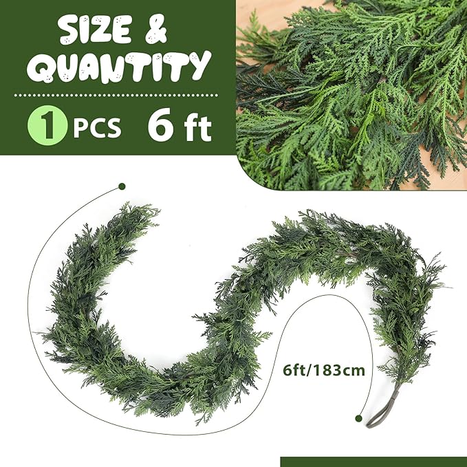 Jutom 1 Pcs 6 ft Christmas Cedar Garland Greenery Realistic Cedar Pine Needles Garland Artificial Decoration for Table, Mantel, Wall, Home Winter Holiday Party Decor