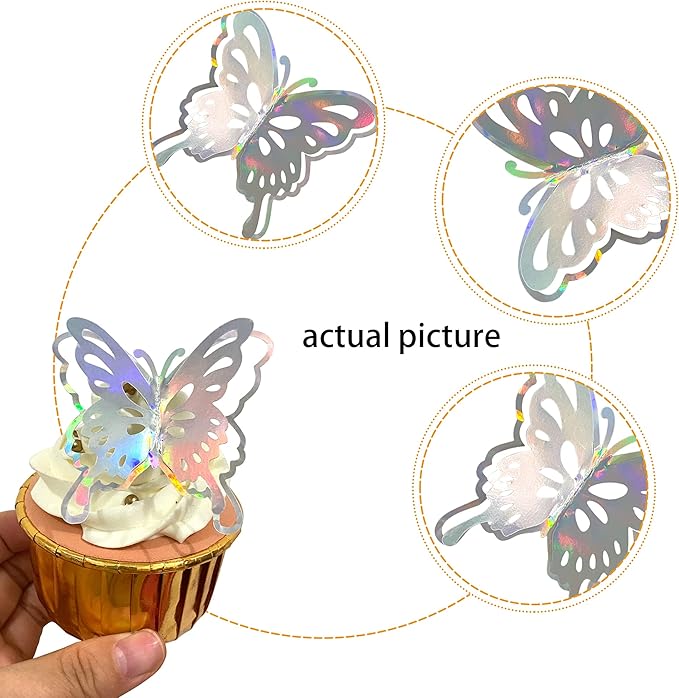 40 PCS Lively 3D Butterfly Cupcake Toppers Mixed Size Hollow Art Butterfly Cupcake Topper Baby Shower Wedding Anniversary Birthday Party Cake Wall Decorations Supplies Silver