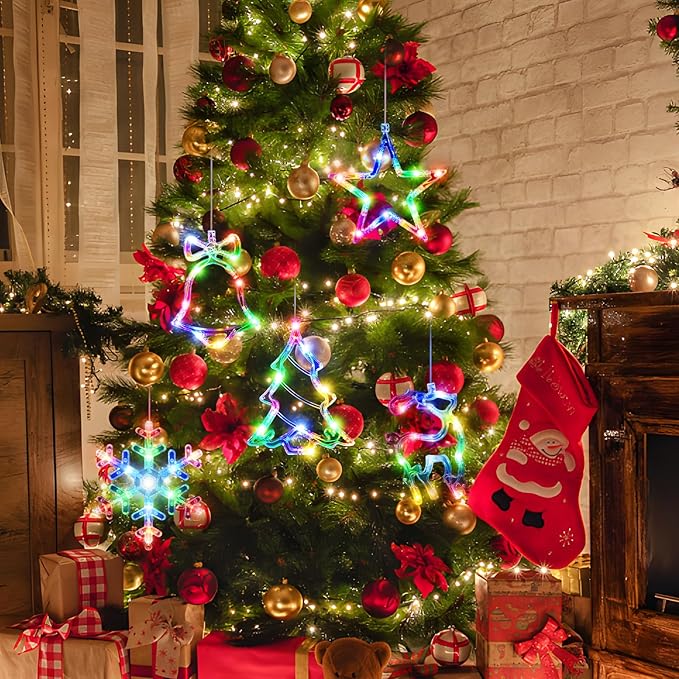 5Pack Christmas Window Lights Decorations with Timer,Battery Powered Christmas Hanging Multicolor Lighted Snowflake Tree Star Deer Bells Shaped LED Sucker for Xmas Fireplace Indoor Decor