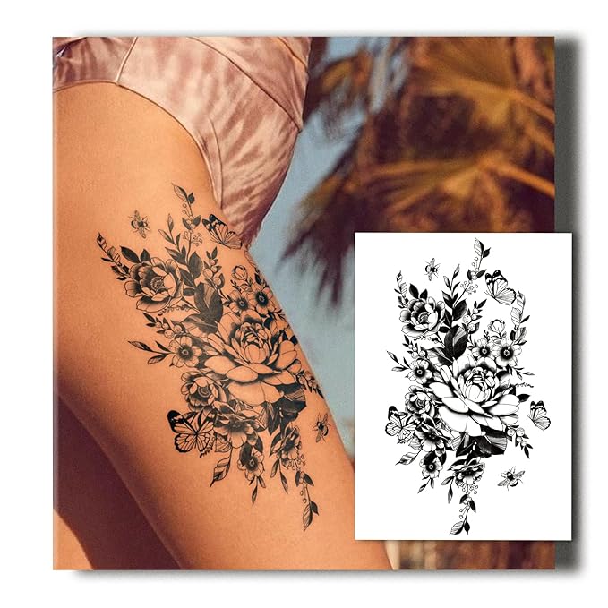 Semi Permanent Tattoos for Women, 2 Sheets Large Temporary Fake Tattoo, Lasts 7-15 Days Water-Resistant, Realistic Flower Design for Arm Thigh Back, Non-Reflective Body Art Stickers