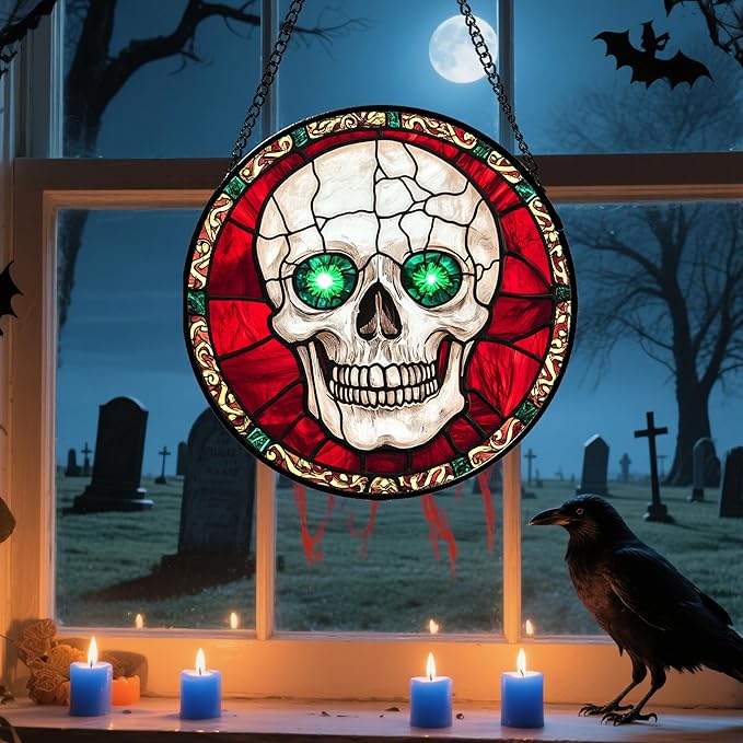 Stained Glass Window Hanging - Halloween Decorations Vampire Skeleton Suncatcher for Doors Garden Indoor Spooky Funny Sun Catchers Gothic Decor Horror Gifts for Women Men Friend 9.8 in