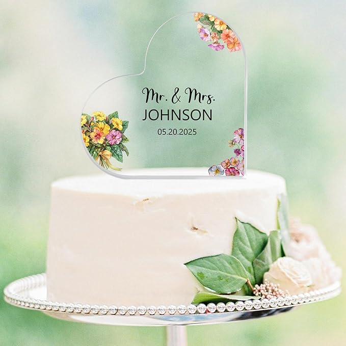 Custom Wedding Heart Acrylic Plaque,Mr & Mrs Cake Topper,Personalized Wedding Keepsake/Gift/Sign (Style 14)