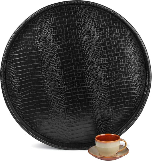 HofferRuffer Extra Large Round Serving Tray, Elegant Faux Leather Circle Ottoman Table Tray with Handles, Serve Tea, Coffee or Breakfast in Bed, Diameter 23.6 x 2.4 inches Height (Black)