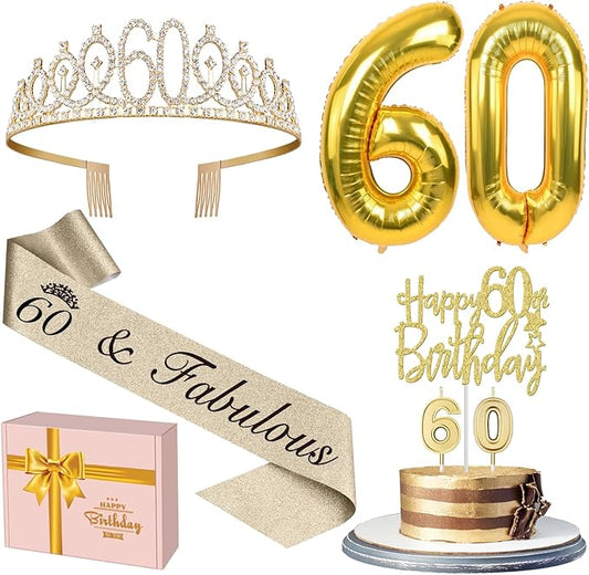 60th Birthday Decorations for Women Gold with 60th Birthday Sash and Tiara, Cake Topper and Candles,Number Balloons, 60 Year Old Gifts for Women