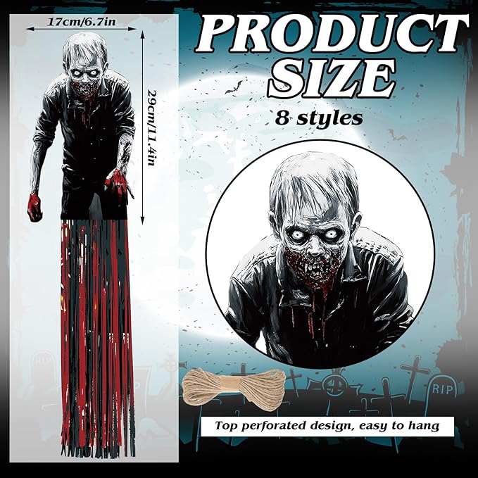 8 Pcs Horror Halloween Zombie Outdoor Hanging Decorations with Tassels Bloody Scary Yard Decoration for Outside 3.3ft Windsocks for Wall Tree Home Lawn Yard Party Supplies Garden Decor