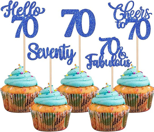 30PCS Happy 70th Birthday Cupcake Toppers Glitter Hello 70 Fabulous Seventy Cheers to 70 Years Old Birthday Cupcake Picks for Happy 70th Birthday Anniversary Party Cake Decorations Supplies Blue