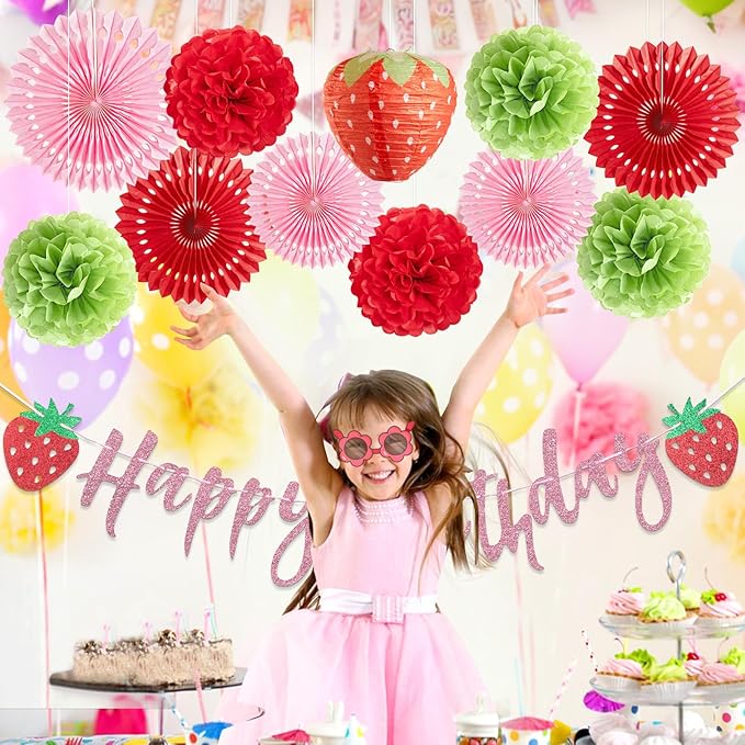 Strawberry Birthday Decorations, Strawberry First Birthday Decor with Strawberry Lantern, Red Pink White Paper Fans Hanging Decorations, Strawberry Baby Shower Decorations