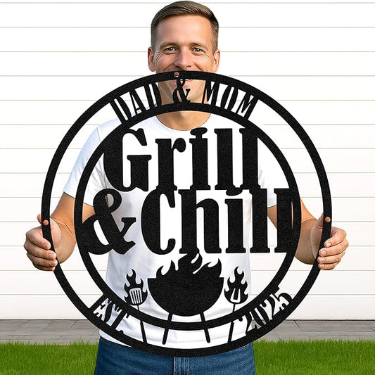 Custom BBQ Grill Metal Sign Personalized Name Wall Art for Outdoor Barbecue Patio Kitchen Backyard Decor Gift for Dad Husband Men Papa Grandpa Father Grilling Enthusiasts Family Lover Funny Gifts 50
