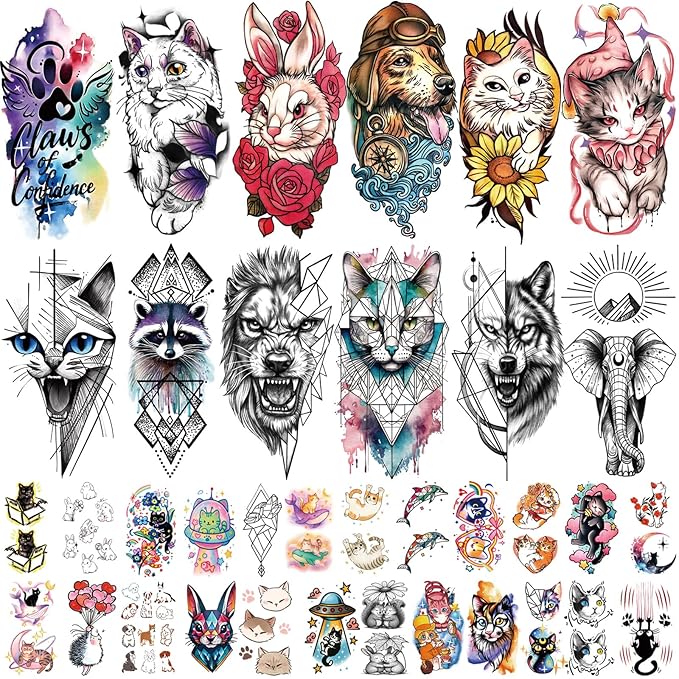 77 Sheets Pet Animal Temporary Tattoo for Women Men, 17 Sheets Half Arm Cat Dog Large Lion Wolf Flower Elephant Fake Tattoo, 60 Tiny Dolphin Rabbit for Adult Kids Body Tattoos Stickers Realistic