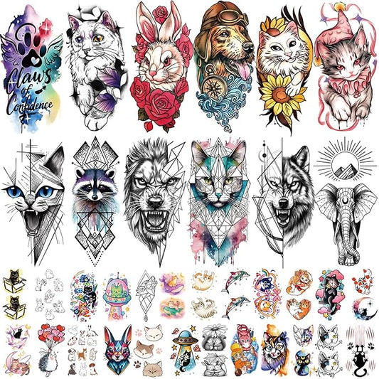77 Sheets Pet Animal Temporary Tattoo for Women Men, 17 Sheets Half Arm Cat Dog Large Lion Wolf Flower Elephant Fake Tattoo, 60 Tiny Dolphin Rabbit for Adult Kids Body Tattoos Stickers Realistic