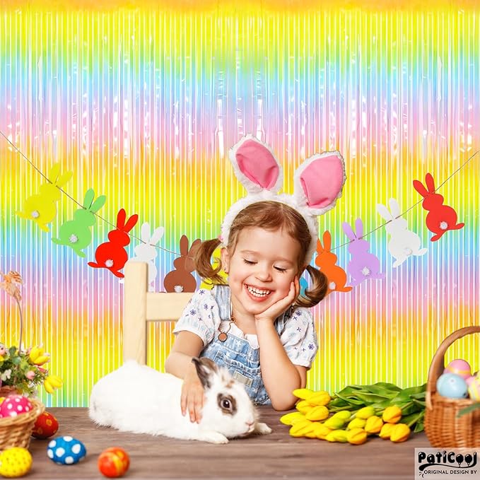 Pastel Rainbow Streamers - Thicken 4 Pack 3.2 x 8.2 FT - Pastel Rainbow Foil Fringe Curtains, Pastel Backdrop for Birthday, Baby Shower, Easter, Spring Party Decorations