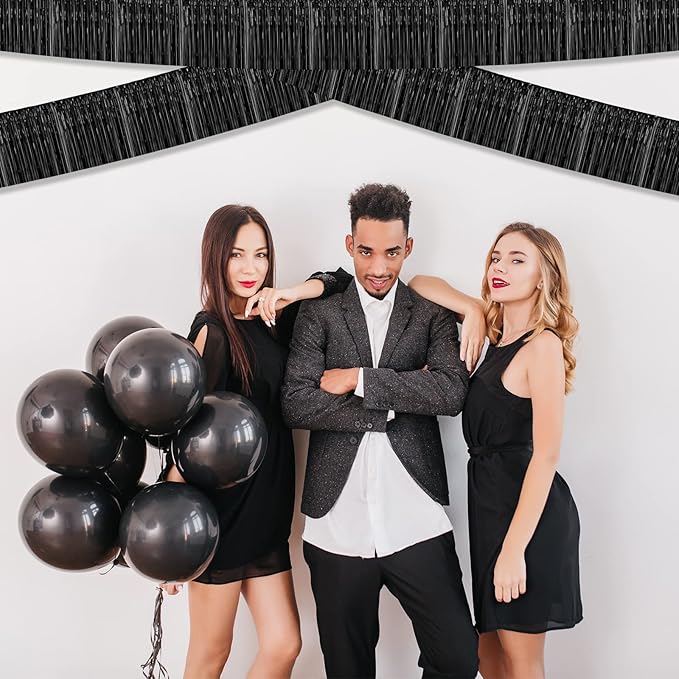 6 Pack 10 Feet Foil Fringe Garland Metallic Tinsel Streamers Banner Wall Hanging Curtain Backdrop for Parade Floats, Bachelorette, Wedding, Birthday, Halloween, Christmas Party Decorations(Black)