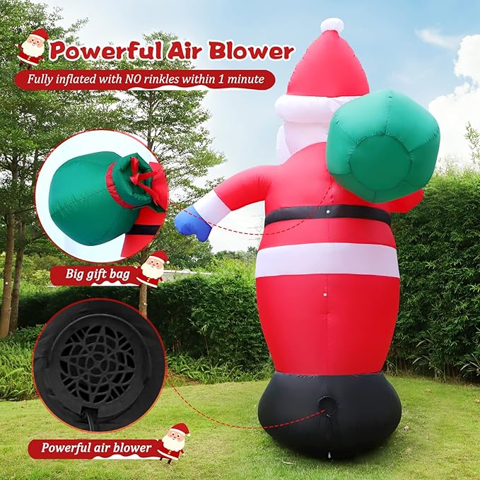 6 FT Christmas Inflatable Santa Claus Outdoor Decorations, Blow up Santa Claus with Gift Bag, Large Xmas Santa Carrying Present Sack, Outside Decor for Yard Garden Lawn Home Party, Built-in LED Lights