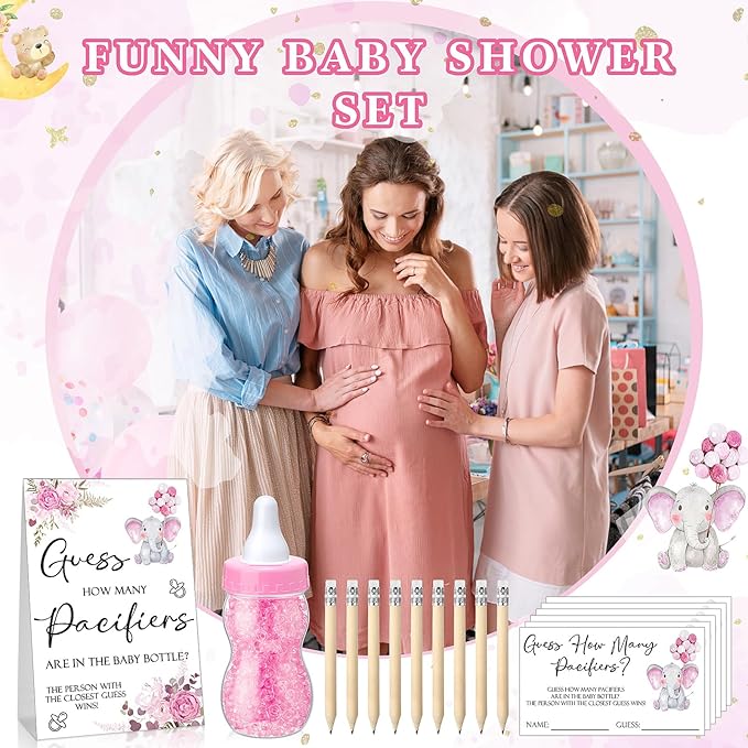 Roowest 512 Pcs Baby Shower Games Guess How Many Pacifiers Sign 100 Small Guessing Games 10 HB Pencils 750ml Milk Bottle 400 Acrylic Pacifiers Decoration for Guest Gender Reveal(Pink,Elephant)