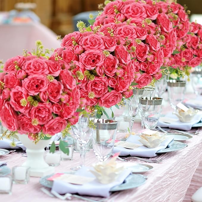 4 Packs Artificial Peonies Silk Flowers: Faux Peony Bouquet 4 Bundles, Fake Peonies Flowers Bulk for Centerpiece Table Wedding Party Home Decor for Vase Decoration (Rose Red)