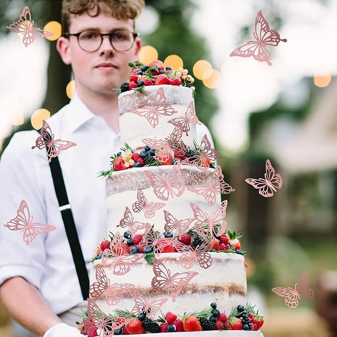 40 PCS Lively 3D Butterfly Cupcake Toppers - Laser Cut Hollow Butterfly Cake Decorations for Baby Shower, Wedding, Anniversary & Birthday Parties - Mixed Styles, Rose Gold