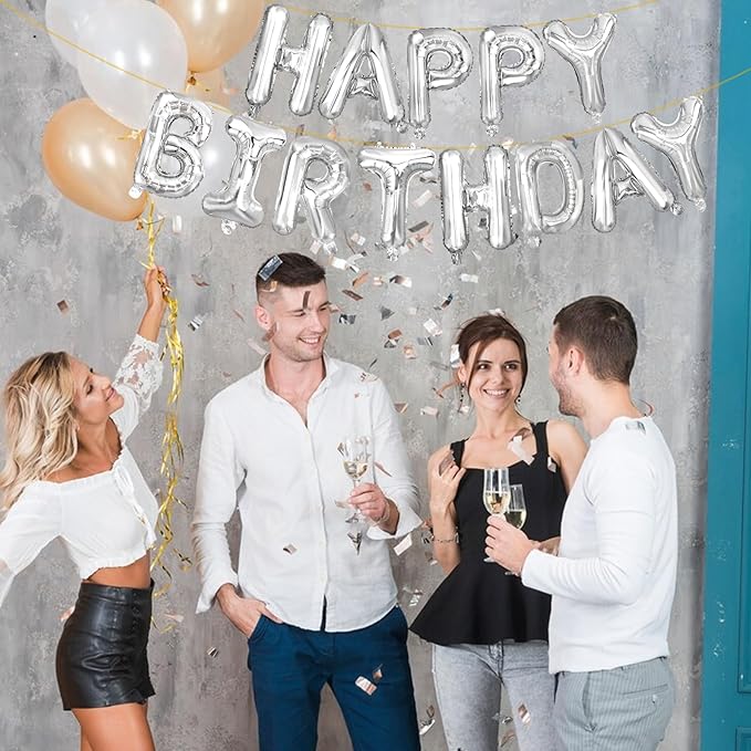 LIOZEOKUN Happy Birthday Balloon Letters 16 inch Mylar Foil Birthday Balloons Banner Sign for Birthday Party Decorations Supplies (Silver)