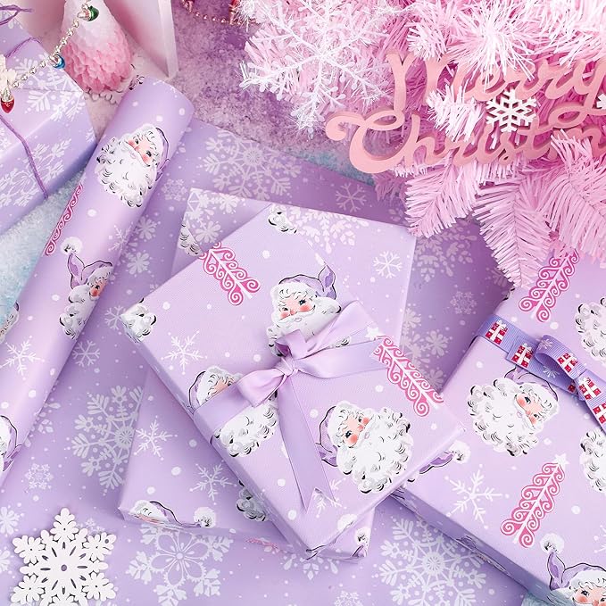 WRAPAHOLIC Reversible Christmas Wrapping Paper - Mini Roll - 17 Inch x 33 Feet - Purple Santa Claus and Snowflake with Embossed for Christmas, Holiday, Party Celebration