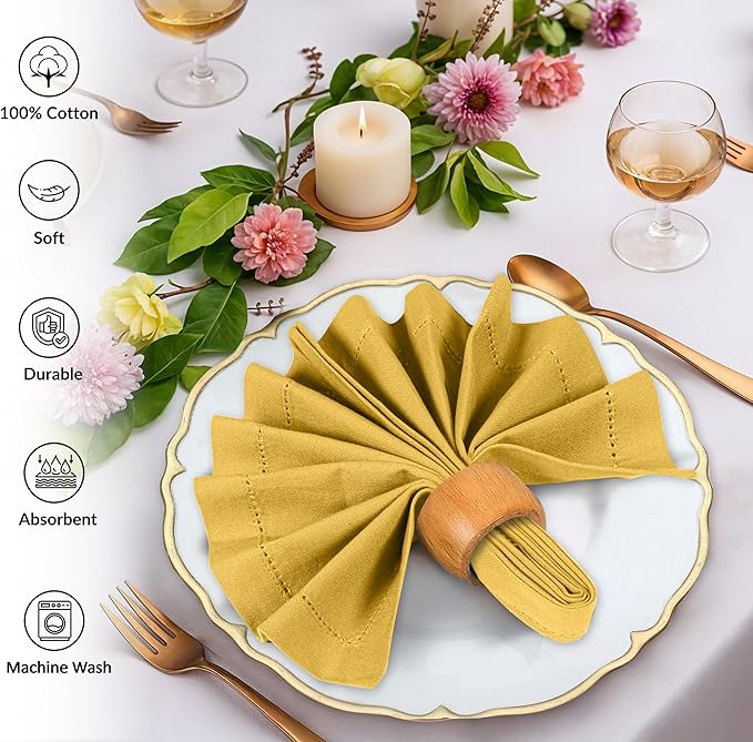 Ruvanti Cloth Napkins - 100% Cotton Dinner Napkins, Hem Stitched Corners, 18x18 Inch, 12 Pack - Soft, Absorbent, Durable, Reusable, Wrinkle Resistant for Formal Dining & Everyday Use - Spicy Mustard