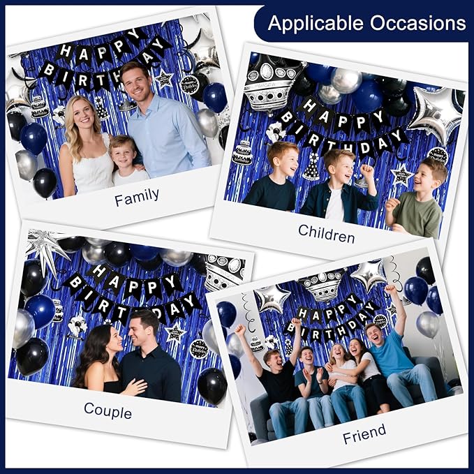 44th Birthday Decorations for Men and Women, Black Blue Silver Happy Birthday Number 44 Balloons, Banner, Fringe Curtains Garland Kit - 44 Year Old Party Supplies