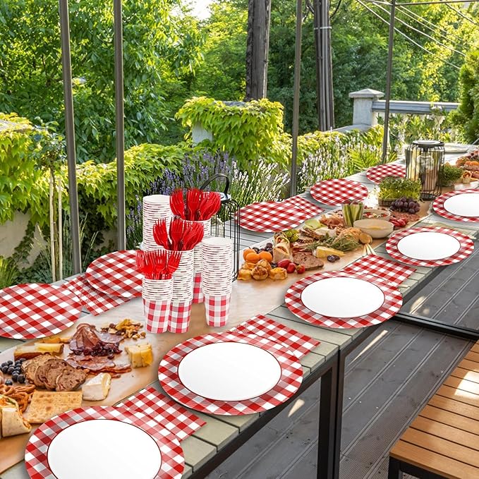 Red Gingham Plates and Napkins Party Supplies, Red and White Disposable Tableware Set, Checkered Plaid Paper Plates for Birthday Family Dinner Picnic Christmas Party Baby Shower Decor Serves 25
