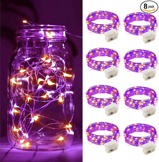 ZGWJ 8 Pack Halloween Fairy Lights Battery Operated, 7ft 20 Mini LED Fairy String Lights Silver Wire 3 Modes for DIY, Parties, Wedding, Bedroom, Halloween Decoration Orange&Purple