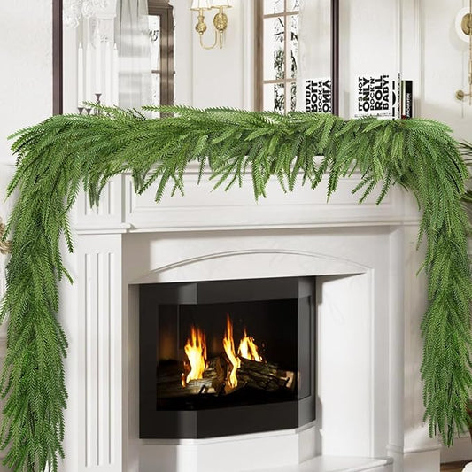 4 Pcs 9 Ft Artificial Norfolk Pine Garlands, Real Touch Norfolk Pine Garland, Realistic Natural Christmas Greenery for Table, Mantle, Wall, Indoor, Outdoor Holiday Decor (4, 9 FT)