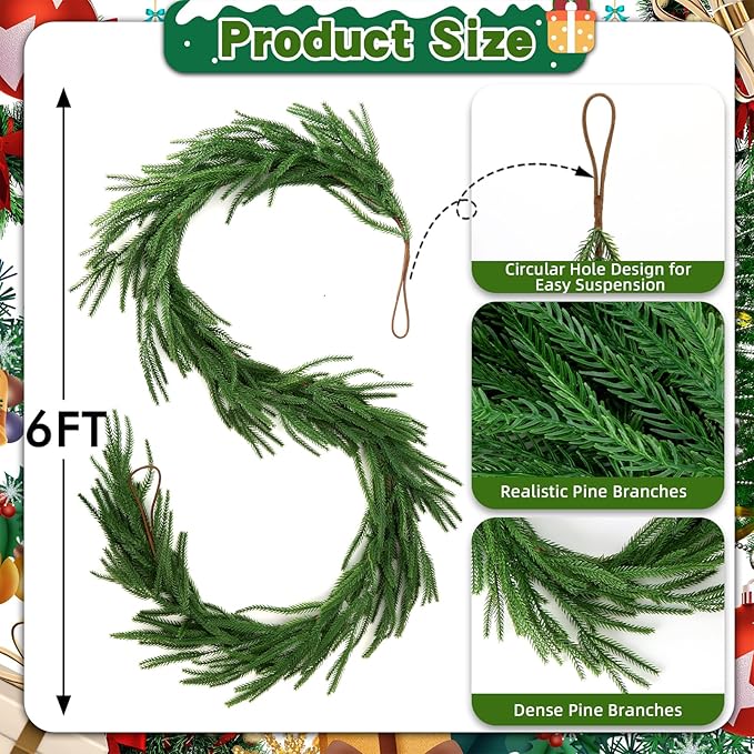 12 FT (2 * 6FT) Norfolk Pine Garland Artificial, Realistic Christmas Greenery for Mantle Table Wall, Real Touch Winter Pine Garland for Christmas Indoor Outdoor Decor (80 Branches)