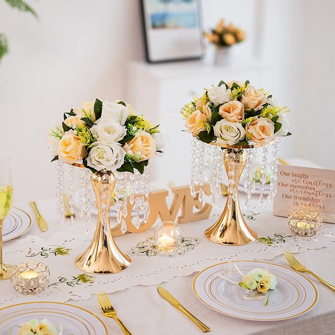 Gold Vases for Centerpieces, 10.2in Crystal Flower Arrangement Stand, Wedding Centerpieces for Tables, Tall Metal Flower Vase Holders for Wedding, Event, Reception, Birthday, Home Decor, 2 Pcs