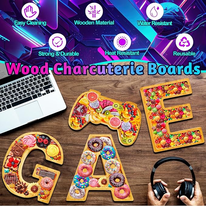 GAME Charcuterie Boards Letters Gaming Wooden Serving Platters for Snack Fruit Meat Fillable Cheese Board Gifts for Teenager Boys Birthday Party Supplies Rustic Tabletop Container Dishes Serving Trays
