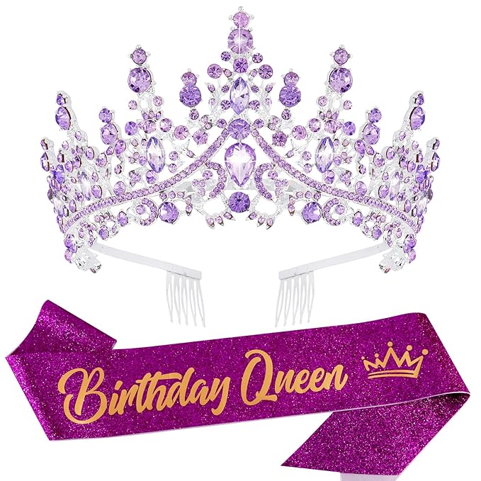 Velscrun Purple Crystal Birthday Queen Tiara Crown for Women Girls Birthday Queen Headband Sash Elegant Princess Crown with Combs Hair Accessories Happy Birth Party Decorations Mom Birth Gift