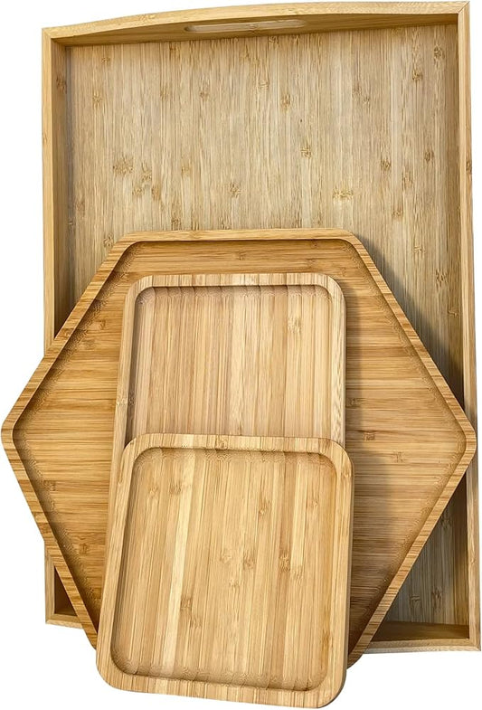 Bamboo Serving Trays 16.5"x11.8"（42x30cm with Handle, Set Includes 0.63"(1.6cm) Thick Dinner Plates Hexagon 12.5"(32cm)+Rectangle 9.8"(25cm)*5.9"(15cm)+Square 5.9"(15cm)