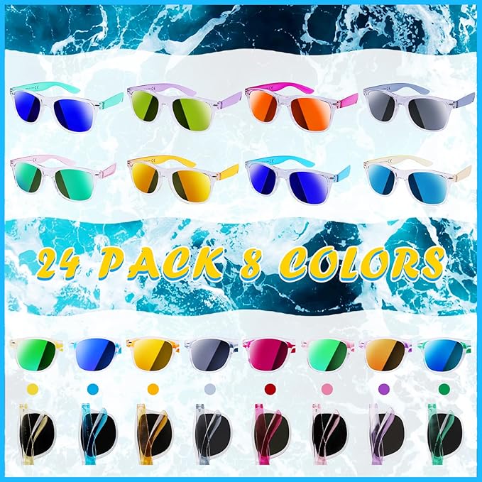 24 Pack Kids Sunglasses Party Favors, Neon Translucent Sunglasses with UV Protection in Bulk for Kids and Adults, Perfect for Summer Pool Beach Birthday Graduation Party, Outdoor Party Supplies