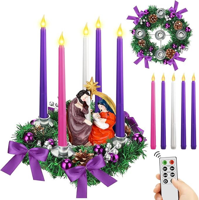 Tioncy 12 Inch Christmas Advent Wreath Candle Holder with 5 Flameless Candles Remote Control Wreaths Holder Centerpiece Decoration with Berries(Nativity Scene,11 x 0.8 x 0.8 in)