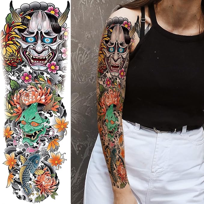 Ghost Joker Temporary Tattoo Sleeves for Kid Women, 4-Sheet Full Arm Colorful Japanese Drama Fake Sleeve Tattoo Sticker and 4-Sheet Realistic Large Half Temp Tatoo Boy Girl Party Favors Leg Body Art