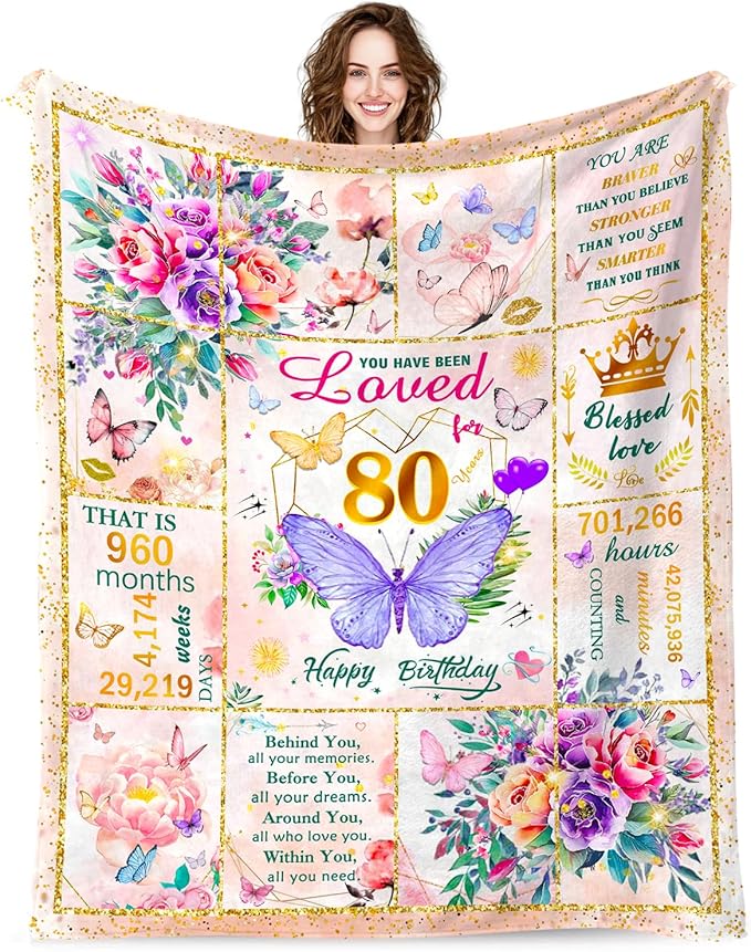 80th Birthday Gifts for Women Blanket, Fun Purple Butterfly Flower Throw Blanket Gifts Ideas for 80 Year Old Mom, 80th Birthday Decorations for Women, Super Soft Warm Plush Flannel Blankets 80"X60"
