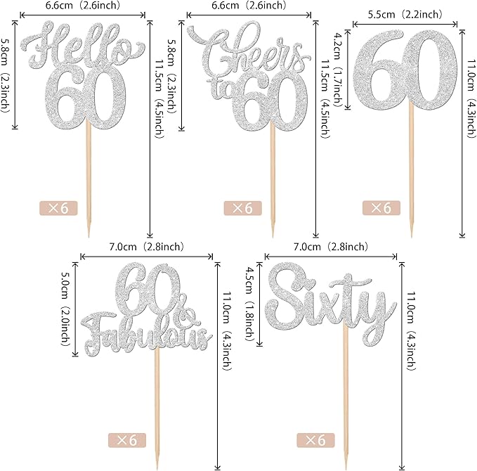 30PCS Happy 60th Birthday Cupcake Toppers Glitter Hello 60 Fabulous Sixty Cheers to 60 Years Old Birthday Cupcake Picks for Happy 60th Birthday Anniversary Party Cake Decorations Supplies Silver