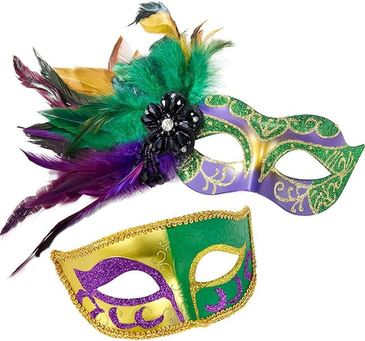 2025 New Masquerade Mask with Feather for Couples - Women's Masquerade Mask with Feather & Men Venetian Costume Mask