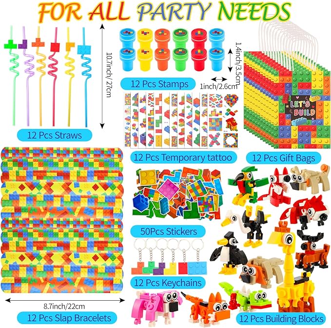 LiYiQ 134 Pcs Building Blocks Party Favors with Reusable Drinking Straws Animal Building Blocks Slap Bracelets Keychains Stamps Stickers and Gift Bags Gamer Birthday Party Supplies (Building)