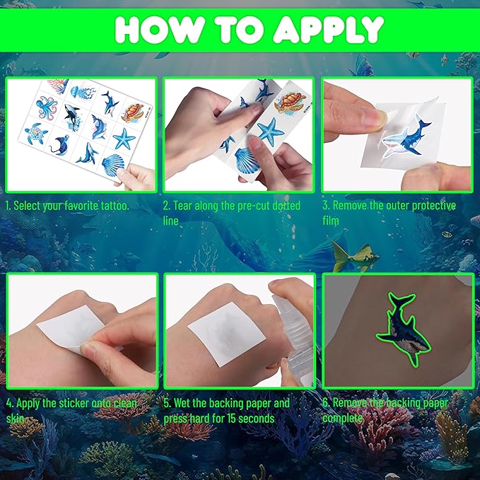 96 PCS Ocean Sea Animal Shark Whale Fish Pre-Cut Luminous Glow in the dark Temporary Tattoos for Kids | Super Cute Themed Birthday Party Favors Supplies Decorations, Fake Tattoos Gifts for Boys Girls