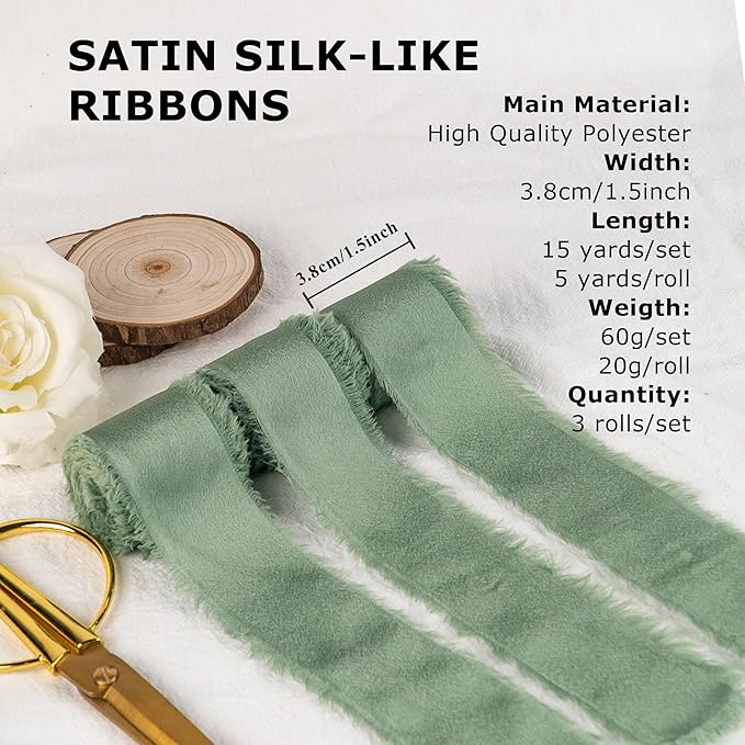 Satin Silk Ribbon, Sage Green Ribbon for Wrapping, 1-1/2 inch x 15 Yd Handmade Frayed Fringe Ribbons, for Wedding Engagement Birthday Showers Craft Flower Bouquet Invitation Decor, 3 Rolls