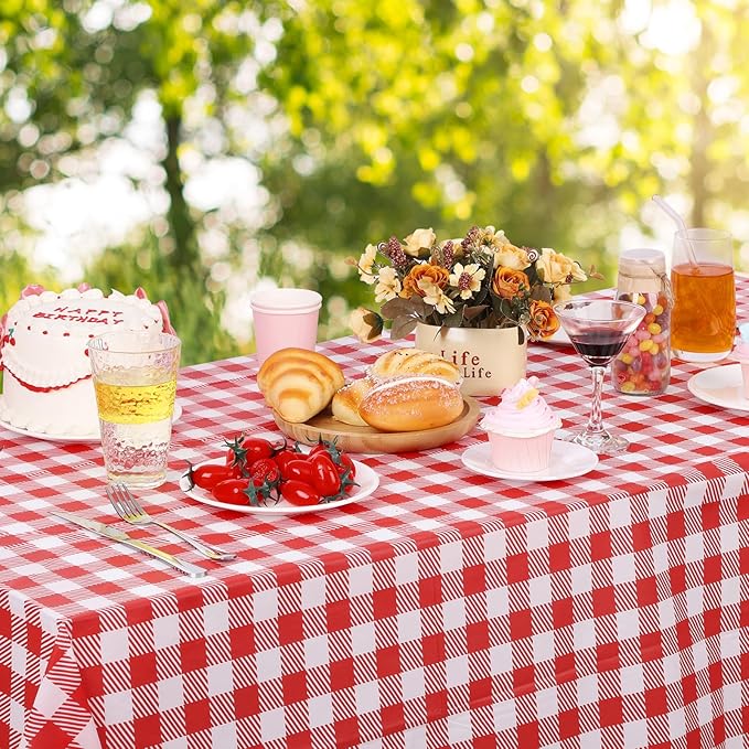 6 Pack Red and White Checkered Tablecloth, 54 X 108Inch Plastic Red Gingham Table Cloth Disposable Spring Picnic Tablecloth Waterproof Red Checkered Table Cover for BBQ Picnic Barbecue Birthday Party