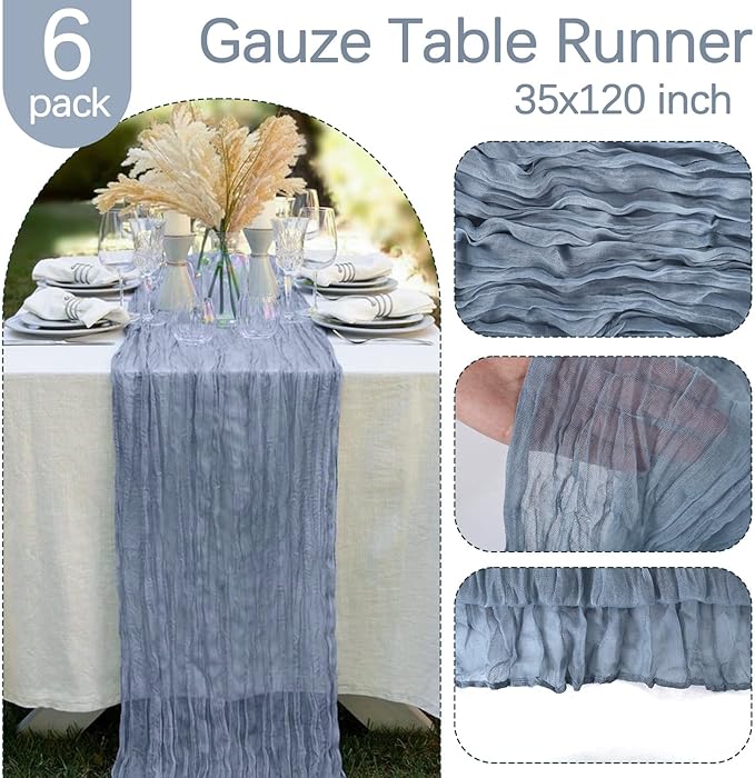 6 Pack Dusty Blue Cheesecloth Table Runner 10FT Boho Gauze Fabric Table Runner 35 x 120 Inch Rustic Sheer Runner for Centerpiece Wedding Decor Baby Shower Party Boho Table Decoration