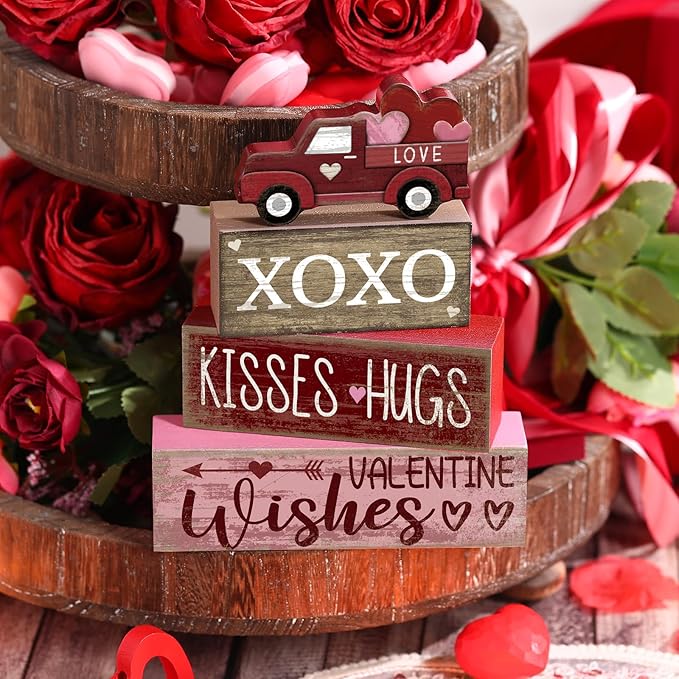 4 Pcs Valentine's Day Table Decoration Wooden Heart Truck Decor Valentine Tiered Tray Decor Valentine's Day Centerpiece Rustic Decorative Truck Block Sign Farmhouse for Home Kitchen Shelf
