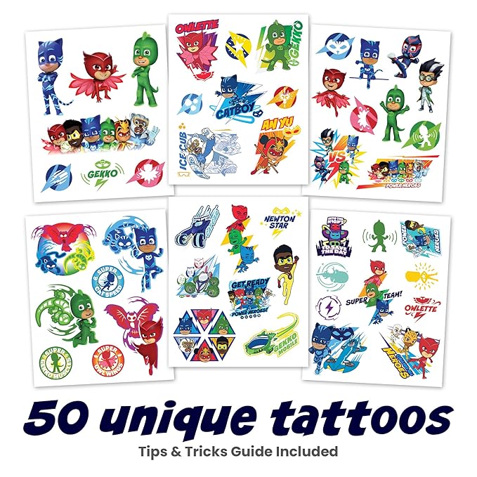 50 PJ Mask Tattoos For Kids, Party Favors, Birthday Decorations & PJ Mask Party Supplies - Temporary Tattoos, Kids Tattoos Temporary For Boys & Tattoo Stickers For Boys