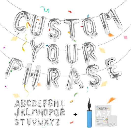 53pcs Silver Letter Balloons, Custom A-Z Set for Personalizing Names & Phrases on Party Supplies Banners - Inflate with Balloon Pump, for Women Men Birthdays/Anniversary/Graduation