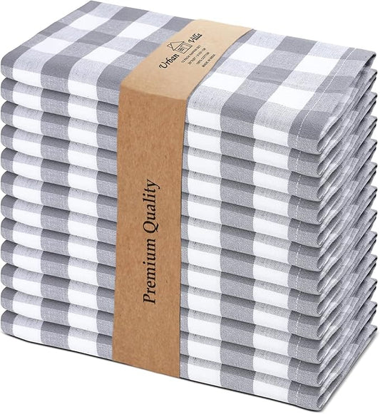 Urban Villa Cotton Dinner Napkins Set of 6, Highly Absorbent 20x20 Inches Premium Cloth Napkins Hotel Quality Reusable & Washable Table Dinner Napkins for Home & Weddings - Grey/White, Checks
