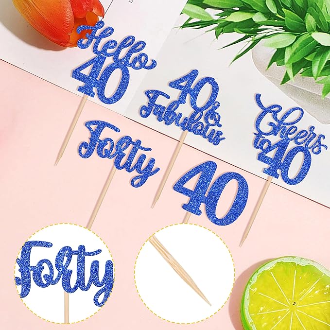 30PCS Happy 40th Birthday Cupcake Toppers Glitter Hello 40 Fabulous Forty Cheers to 40 Years Old Birthday Cupcake Picks for Happy 40th Birthday Anniversary Party Cake Decorations Supplies Blue