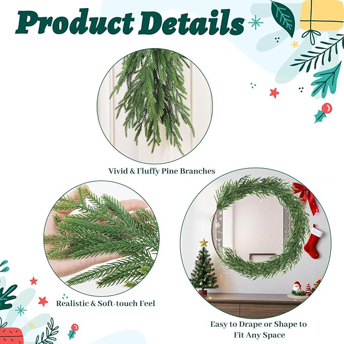 9FT Norfolk Pine Garland, Real Touch Artificial Long Greenery Christmas Garlands for Table, Mantle, Wall, Stairs, Fireplace, Indoor & Outdoor Xmas Holiday Decorations (1 Pcs)